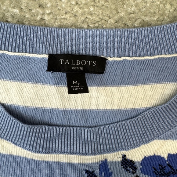 Talbots Blue and White Striped Crewneck Sweater with Blue Floral Jacquard - Picture 2 of 5